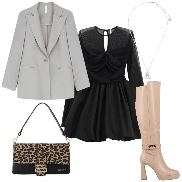 Outfit donna - Total look #2310376. Stile Glamour per Serata fuori. Abbinamento con stivali, blazer, borse a spalla, vestiti corti, ciondoli.