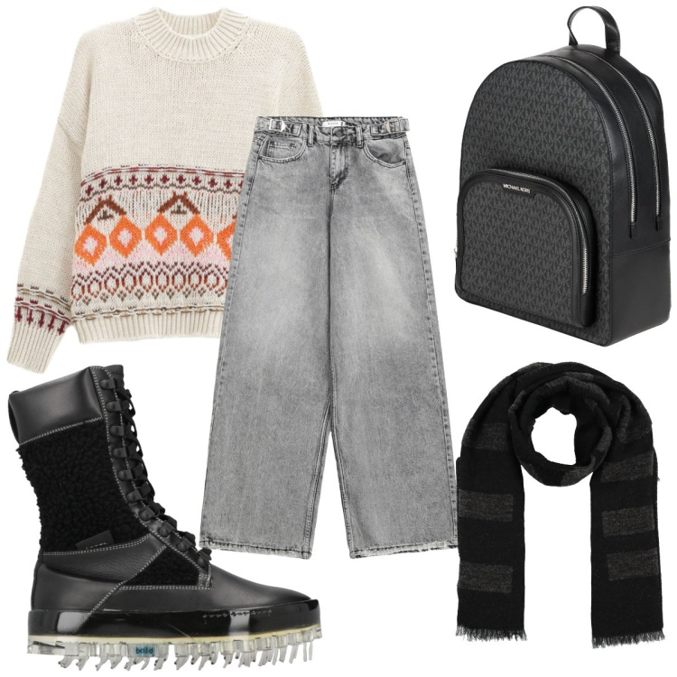 Outfit donna - Total look #2310377. Stile Basic per Scuola/Università. Abbinamento con stivaletti, zaini, sciarpe, jeans, maglieria.