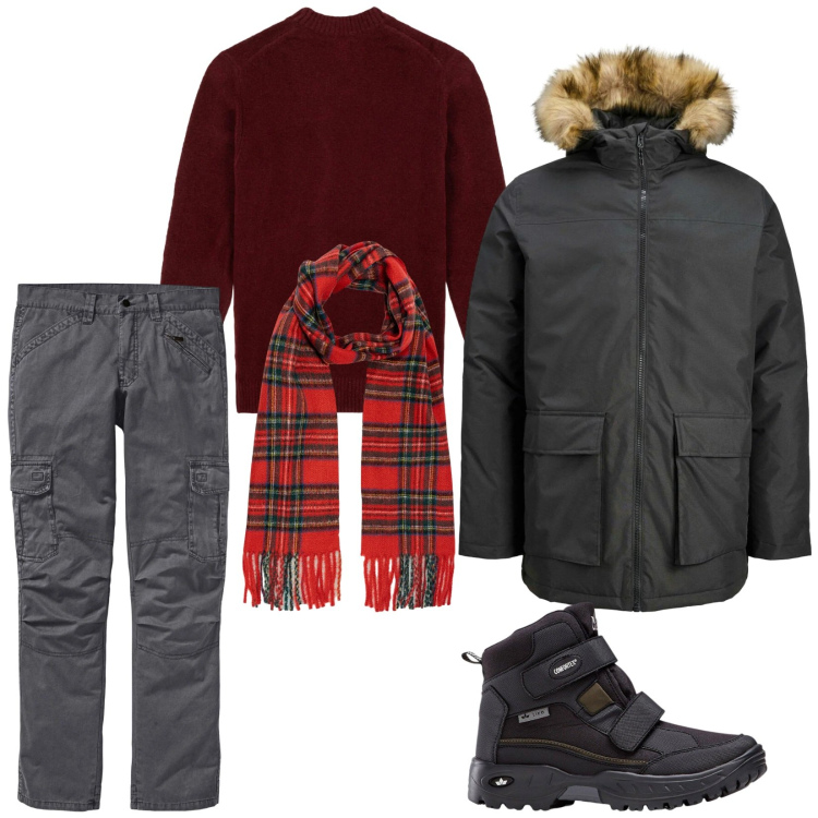 Outfit uomo - In montagna. Stile Casual per Tutti i giorni. Abbinamento con pantaloni cargo, stivali e stivaletti, parka, sciarpe, maglieria.