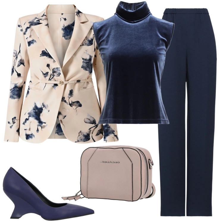 Outfit donna - Punto vita. Stile Chic per Serata fuori. Abbinamento con pantaloni, décolleté, marsupi, top, blazer.