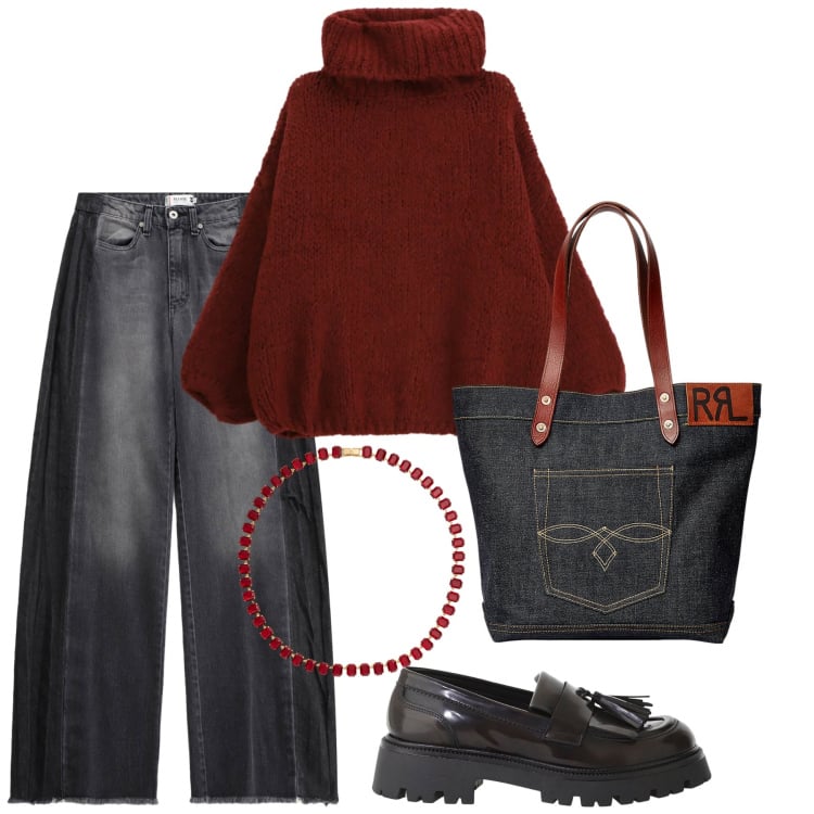 Outfit donna - Saldi by Please. Stile Casual per Tutti i giorni. Abbinamento con maglieria, jeans, borse tote, collane, mocassini.