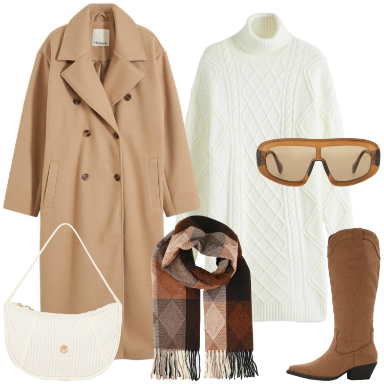 Outfit donna - Total look #2310398. Stile Casual chic per Tutti i giorni. Abbinamento con cappotti, vestiti, stivali, sciarpe, occhiali da sole, borse a mano.