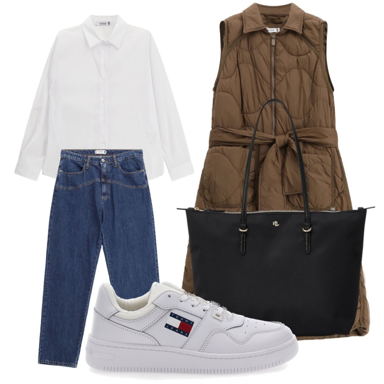 Outfit donna - Winter look. Stile Casual per Tutti i giorni. Abbinamento con jeans, blazer, camicie, borse tote, sneakers.
