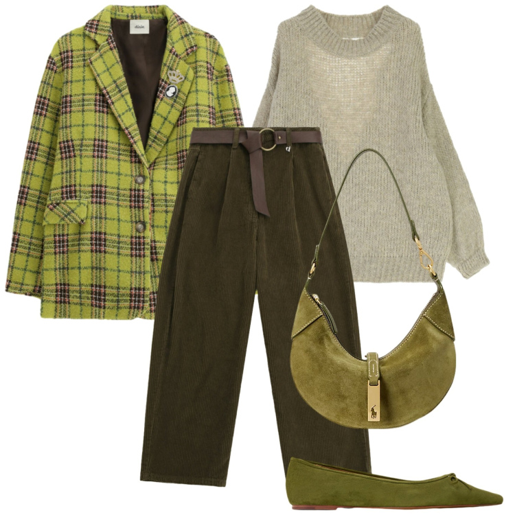 Outfit donna - Verde in saldo by Dixie. Stile Glamour per Tutti i giorni. Abbinamento con borse a spalla, ballerine, maglieria, pantaloni a palazzo, blazer.