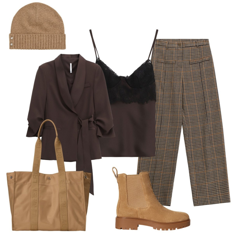 Outfit donna - In giro per mercatini. Stile Minimal per Tutti i giorni. Abbinamento con pantaloni a palazzo, blazer, canottiere, stivaletti chelsea, borse tote, berretti.