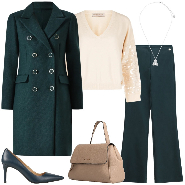 Outfit donna - Total look #2310406. Stile Chic per Ufficio. Abbinamento con zaini, décolleté, pantaloni, cappotti, maglieria, ciondoli.