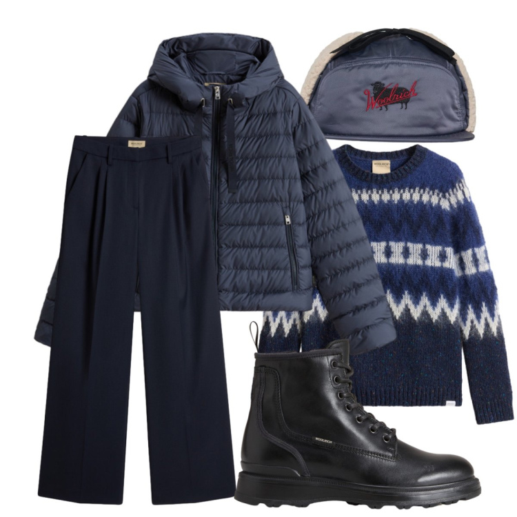 Outfit donna - Woolrich essenza d’inverno. Stile Sporty chic per Sport. Abbinamento con piumini, anfibi, pantaloni, maglieria, cappelli.