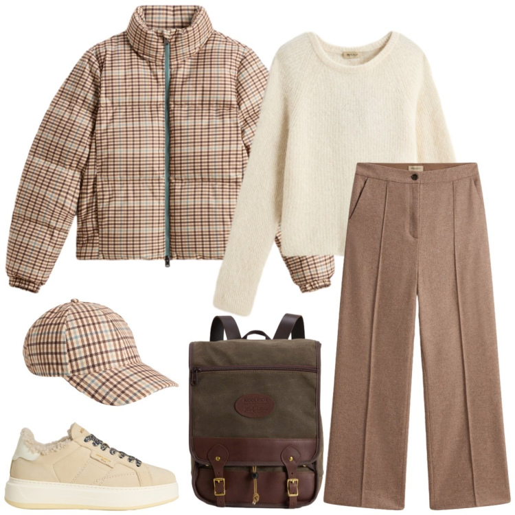 Outfit donna - Total look #2310413. Stile Casual per Scuola/Università. Abbinamento con zaini, maglieria, piumini, sneakers, cappelli, pantaloni.