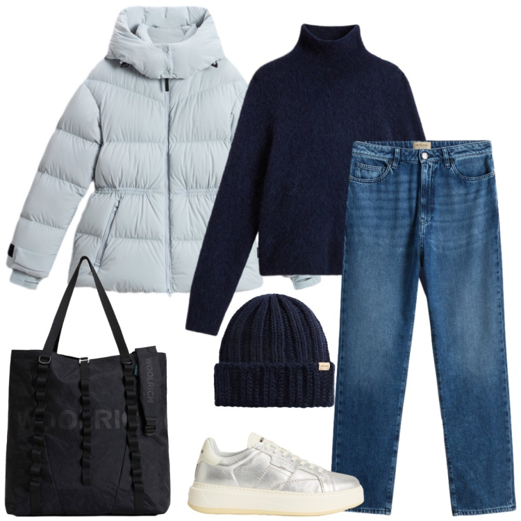 Outfit donna - Total look #2310414. Stile Casual per Scuola/Università. Abbinamento con jeans, borse tote, piumini, maglieria, sneakers, berretti.