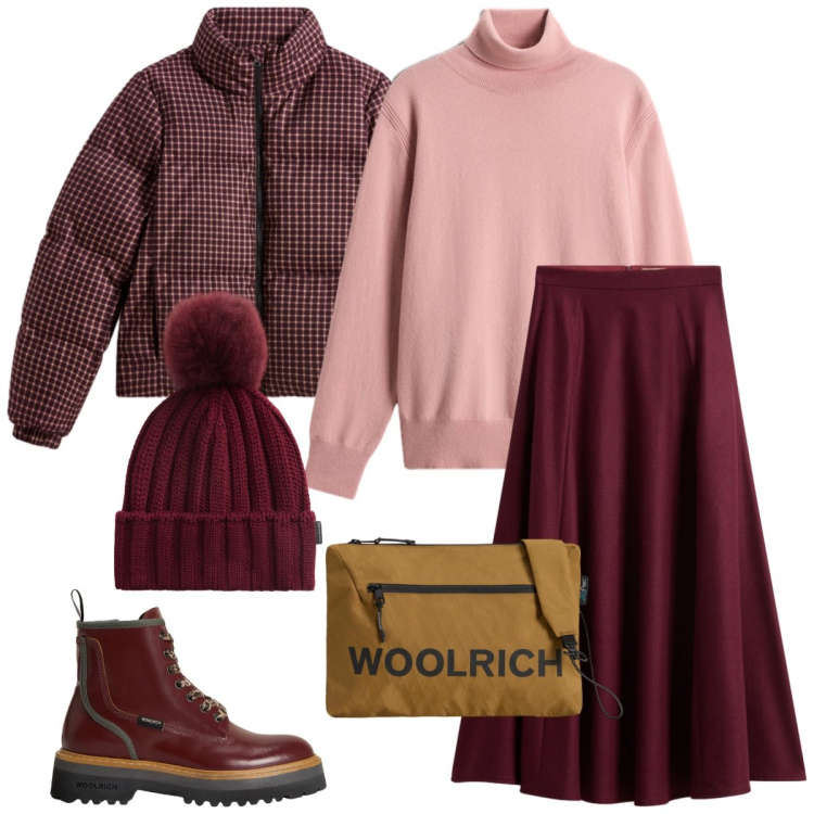 Outfit donna - Total look #2310415. Stile Casual per Tutti i giorni. Abbinamento con borse a tracolla, gonne lunghe, anfibi, piumini, berretti, maglieria.