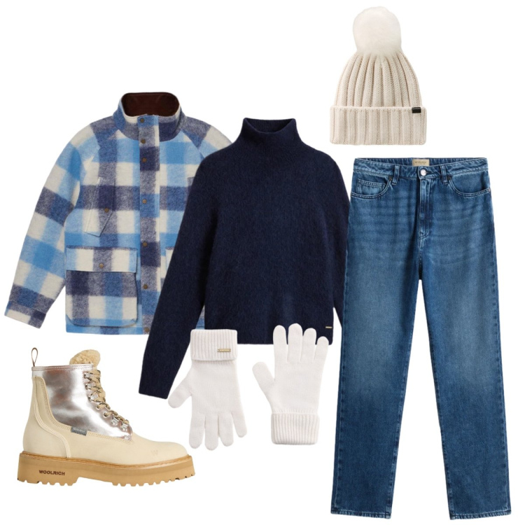 Outfit donna - Settimana ad alta quota. Stile Casual chic per Tutti i giorni. Abbinamento con jeans, maglieria, anfibi, guanti, berretti, parka.
