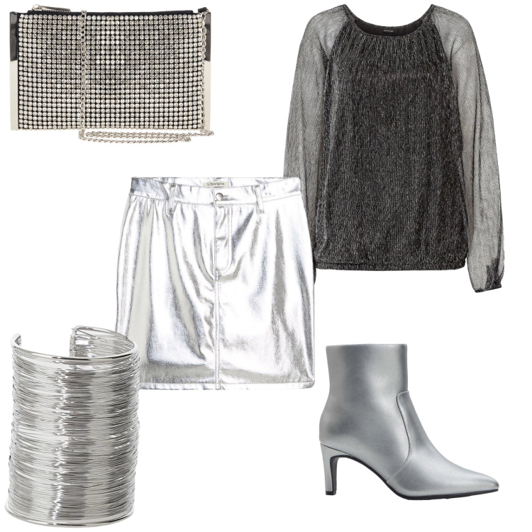 Outfit donna - Notte argento. Stile Glamour per Serata fuori. Abbinamento con stivaletti, maglieria, minigonne, pochette, braccialetti.
