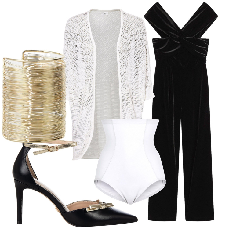 Outfit donna - Tuta di san Silvestro. Stile Glamour per Serata fuori. Abbinamento con cardigans, tute, culotte, braccialetti, décolleté.