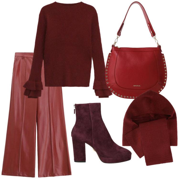 Outfit donna - Vino rosso. Stile Bon Ton per Tutti i giorni. Abbinamento con stivaletti, pantaloni, maglieria, sciarpe, borse a spalla.