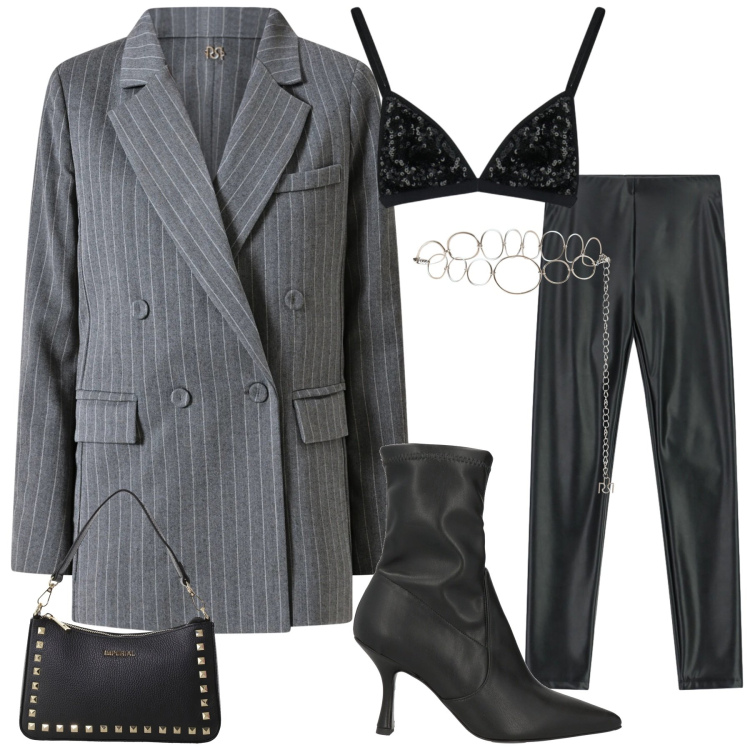 Outfit donna - “Power Chic Notturno”. Stile Rock per Serata fuori. Abbinamento con stivaletti, blazer, cinture, pantaloni skinny, top, pochette.