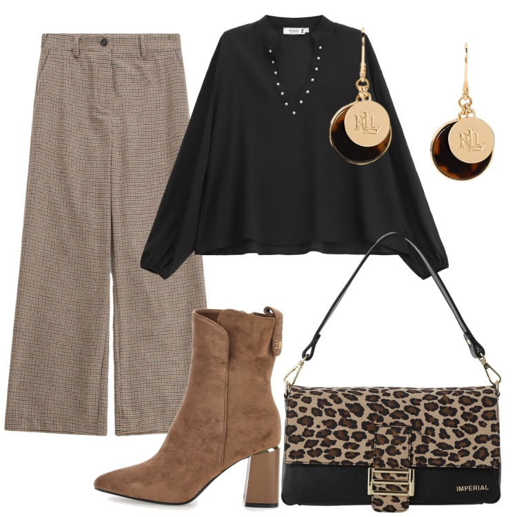 Outfit donna - Pantaloni a quadretti. Stile Bon Ton per Tutti i giorni. Abbinamento con camicie, pantaloni a palazzo, borse a spalla, orecchini, stivaletti.