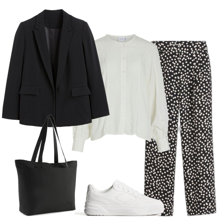 Outfit mujer - Trendy #10034. Estilo Trendy para Oficina. Combinación con sneakers, blusas, bolso tote, pantalones palazzo, blazers.