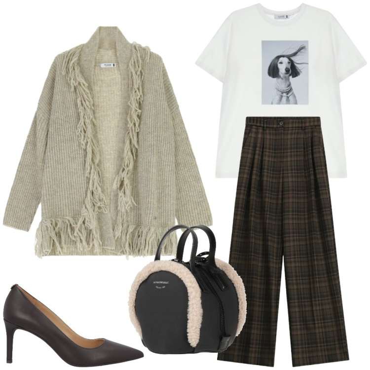 Outfit donna - Total look #2310444. Stile Casual chic per Tutti i giorni. Abbinamento con zaini, décolleté, t-shirt, cardigans, pantaloni a palazzo.