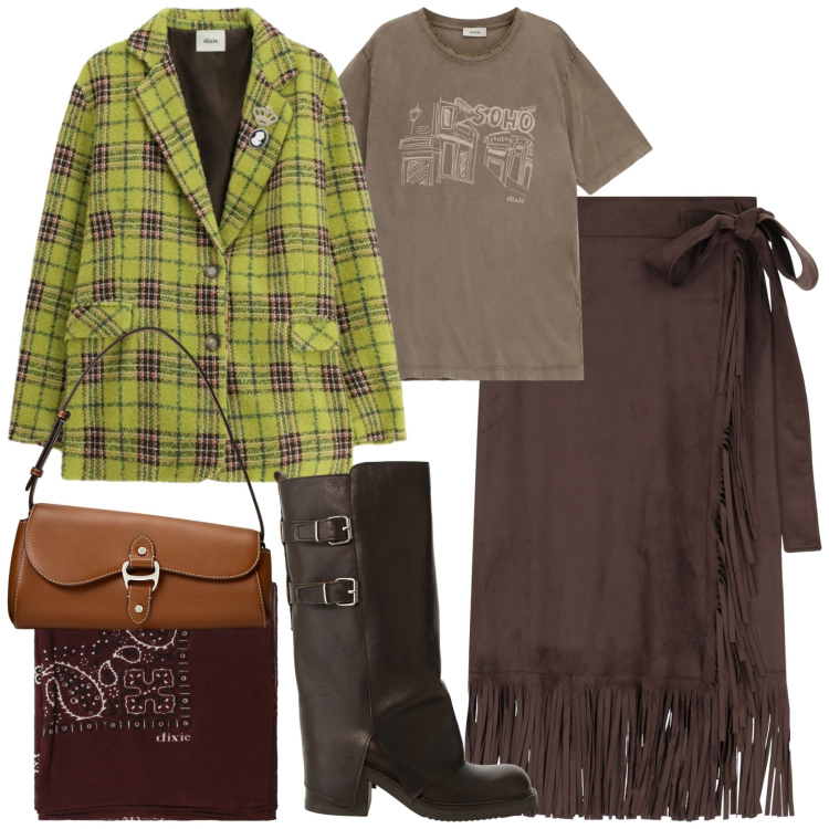 Outfit donna - Dixie - SaldiFW2025. Stile Trendy per Tutti i giorni. Abbinamento con t-shirt, stivali, blazer, gonne, foulard, borse a spalla.