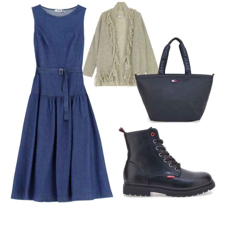 Outfit donna - Abito jeans anche in inverno. Stile Casual per Tutti i giorni. Abbinamento con vestiti lunghi, cardigans, anfibi, borse tote.