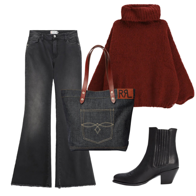 Outfit donna - In jeans tutti i giorni. Stile Casual per Tutti i giorni. Abbinamento con maglieria, jeans a zampa, borse tote, stivaletti texani.