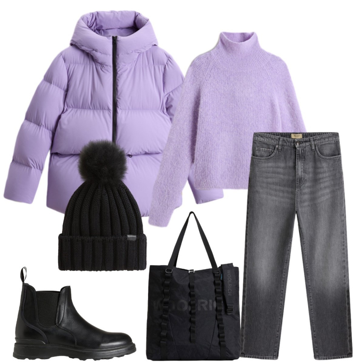 Outfit donna - Total look #2310455. Stile Casual per Scuola/Università. Abbinamento con jeans, borse tote, piumini, berretti, maglieria, stivaletti.