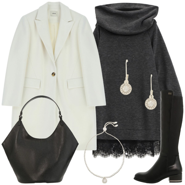 Outfit donna - Total look #2310457. Stile Casual chic per Tutti i giorni. Abbinamento con stivali sopra il ginocchio, braccialetti, orecchini, borse a spalla, cappotti, vestiti asimmetrici.