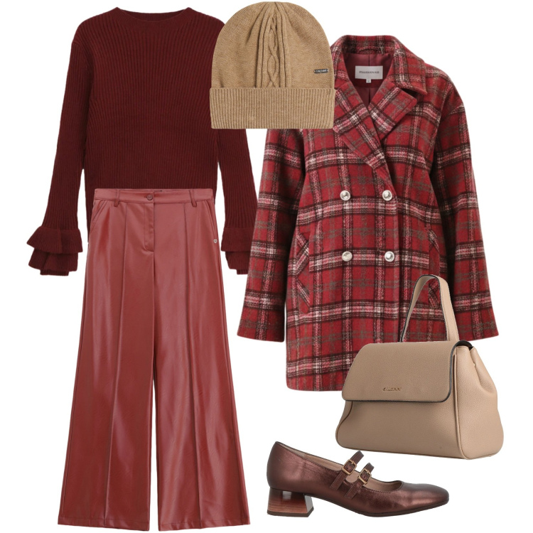 Outfit donna - Chic brulé. Stile Casual chic per Tutti i giorni. Abbinamento con zaini, décolleté, pantaloni, maglieria, berretti, cappotti.