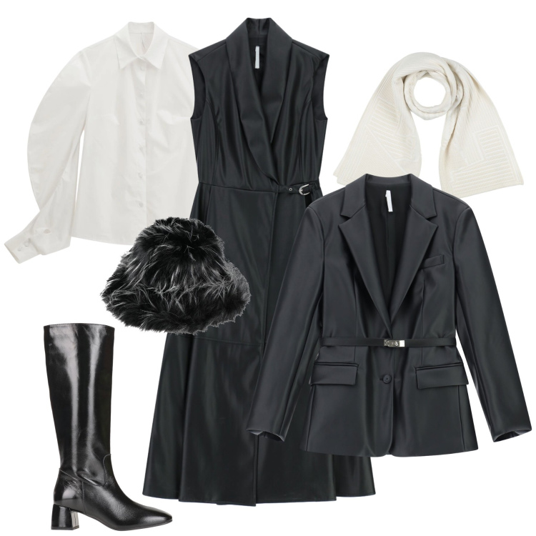 Outfit donna - Abito e camicia. Stile Trendy per Serata fuori. Abbinamento con stivali, cappelli, sciarpe, vestiti lunghi, camicie, blazer.