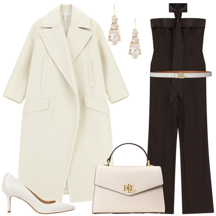 Outfit donna - Total look #2310475. Stile Chic per Serata fuori. Abbinamento con tute, cappotti, cinture, borse a mano, décolleté, orecchini.