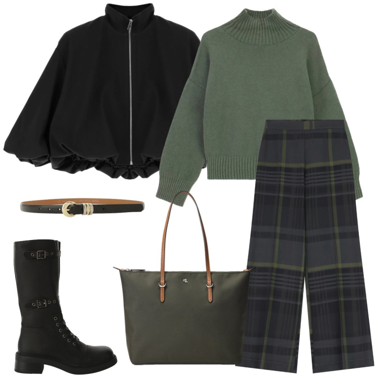 Outfit donna - Total look #2310476. Stile Casual chic per Tutti i giorni. Abbinamento con pantaloni a palazzo, stivali, cinture, maglieria, bomber, borse tote.
