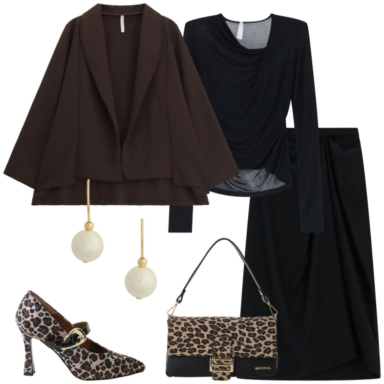 Outfit donna - Total look #2310480. Stile Chic per Serata fuori. Abbinamento con blazer, décolleté, borse a spalla, gonne longuette, bluse, orecchini.