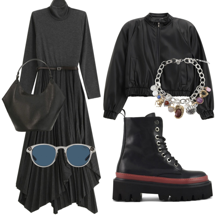 Outfit donna - GlamRock. Stile Rock per Tutti i giorni. Abbinamento con borse a spalla, vestiti lunghi, braccialetti con ciondoli, bomber, occhiali da sole, anfibi.