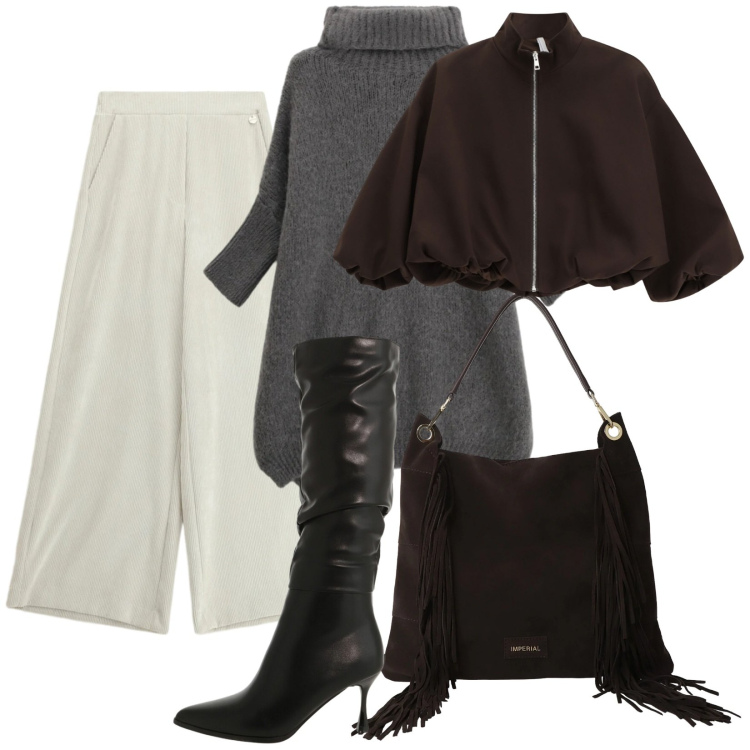 Outfit donna - Un pullover grigio. Stile Bon Ton per Tutti i giorni. Abbinamento con bomber, pantaloni a palazzo, stivali sopra il ginocchio, maglieria, borse a spalla.