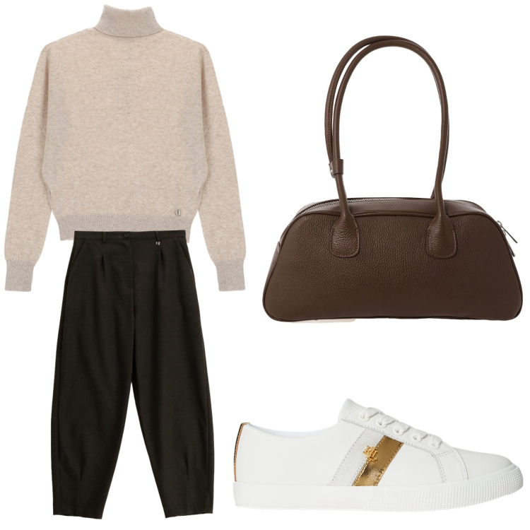 Outfit donna - Aperitivo. Stile Trendy per Tutti i giorni. Abbinamento con sneakers, pantaloni, borse a mano, maglieria.