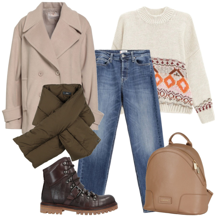 Outfit donna - Al caldo. Stile Casual per Tutti i giorni. Abbinamento con anfibi, caban, zaini, sciarpe, jeans, maglieria.