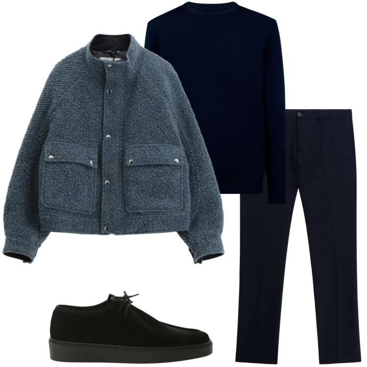 Outfit uomo - In città. Stile Urban per Tutti i giorni. Abbinamento con pantaloni, bomber, scarpe stringate, maglieria.