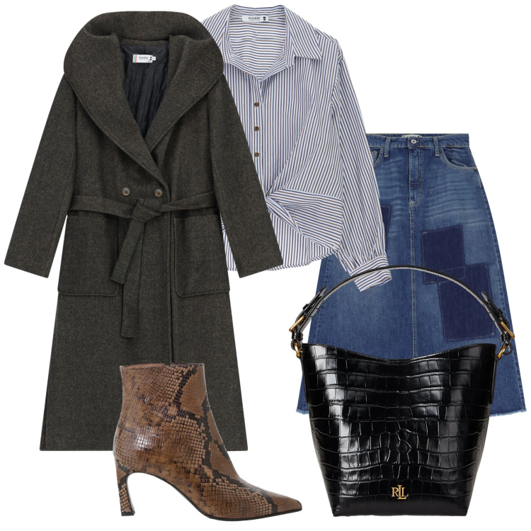 Outfit donna - Please ufficio in gonna jeans. Stile Trendy per Ufficio. Abbinamento con cappotti, gonne lunghe, camicie, borse a secchiello, stivaletti.