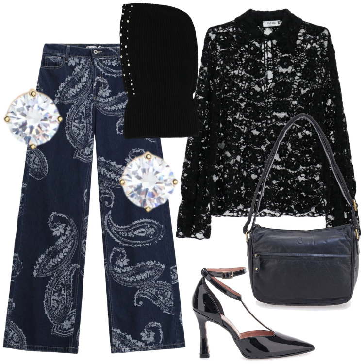 Outfit donna - Jeans per la serata. Stile Glamour per Serata fuori. Abbinamento con jeans, camicie, orecchini, cappelli e berretti, décolleté, borse a tracolla.