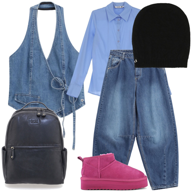 Outfit donna - Gilet di jeans e scarponcini fluo. Stile Casual chic per Tutti i giorni. Abbinamento con gilet, jeans, camicie, berretti, stivaletti, zaini.