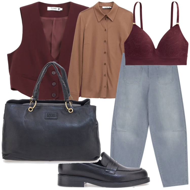 Outfit donna - Il reggiseno perché sono una lei. Stile Mannish per Ufficio. Abbinamento con gilet, jeans, camicie, reggiseni, borse a mano, mocassini.