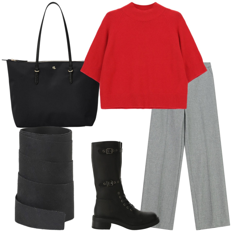 Outfit donna - Ufficio in maglia rossa porte bonheur. Stile Basic per Ufficio. Abbinamento con pantaloni a palazzo, maglieria, stivali, cinture, borse tote.