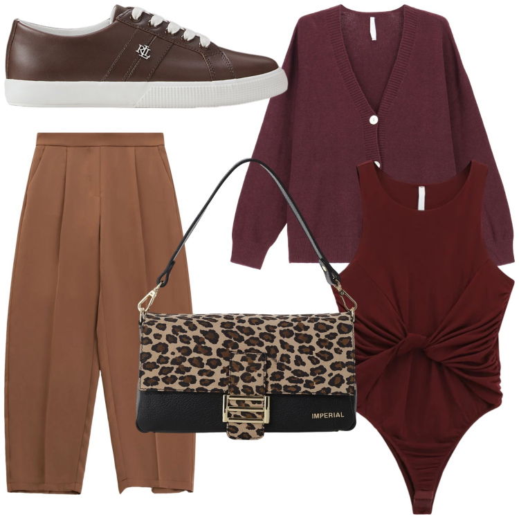Outfit donna - La borsa un po’ animalier. Stile Trendy per Tutti i giorni. Abbinamento con pantaloni, borse a spalla, cardigans, top, sneakers.