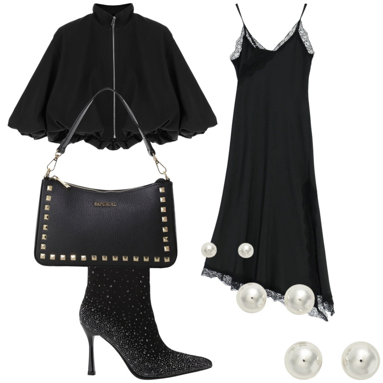 Outfit donna - Che serata Imperial. Stile Chic per Serata fuori. Abbinamento con vestiti asimmetrici, pochette, stivaletti, bomber, orecchini.