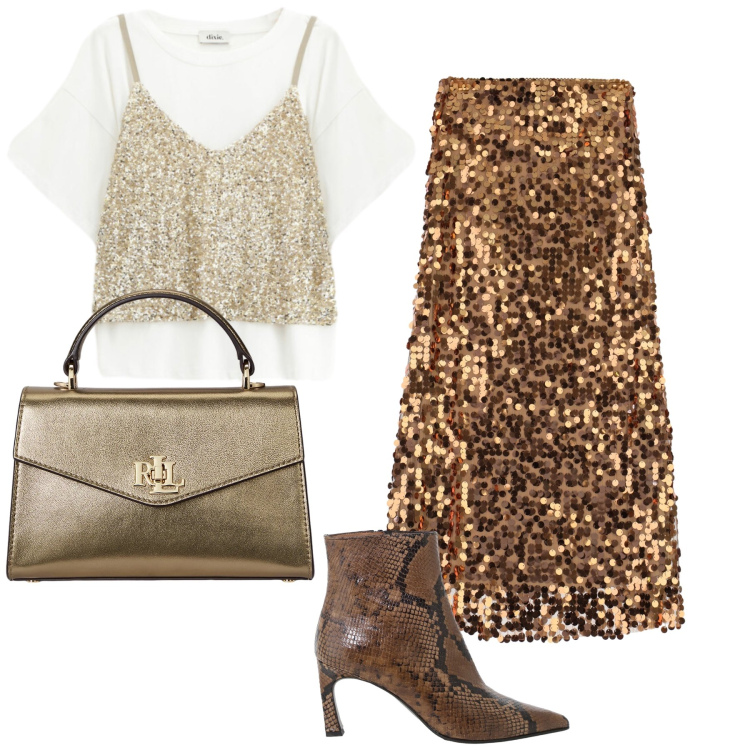 Outfit donna - Dixie che brillare. Stile Trendy per Serata fuori. Abbinamento con stivaletti, gonne lunghe, t-shirt, borse a mano.