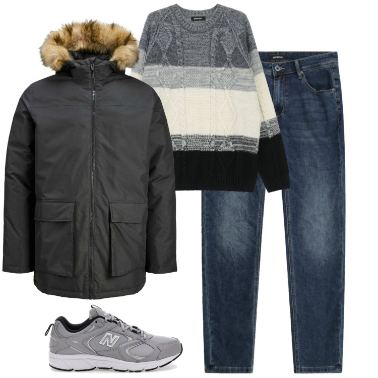 Outfit uomo - Gennaio. Stile Casual per Tutti i giorni. Abbinamento con parka, jeans slim fit, maglieria, sneakers.