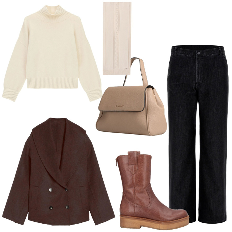 Outfit donna - Winter style. Stile Casual chic per Tutti i giorni. Abbinamento con caban, stivaletti, zaini, maglieria, jeans, sciarpe.