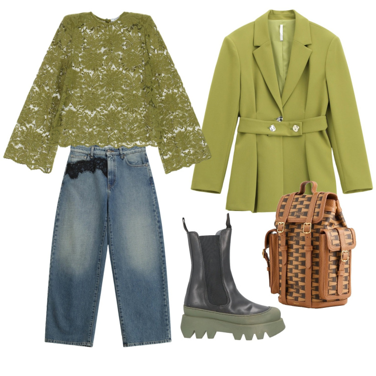Outfit donna - Pistacchio glam. Stile Casual per Ufficio. Abbinamento con stivaletti, zaini, jeans, maglieria, blazer.