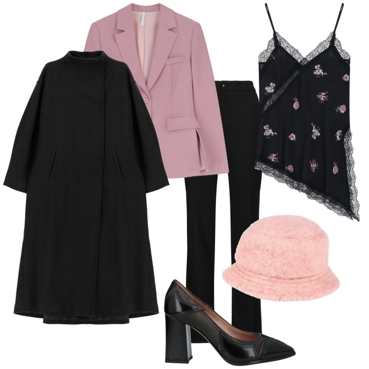 Outfit donna - Il top asimmetrico. Stile Chic per Serata fuori. Abbinamento con cappelli con visiera, décolleté, pantaloni, top, blazer, cappotti.