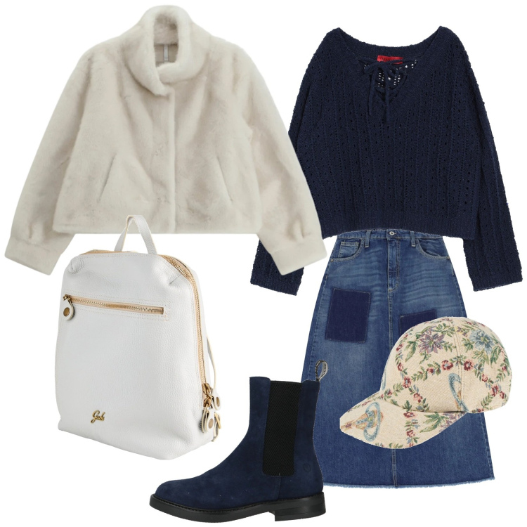 Outfit donna - Viviana. Stile Trendy per Tutti i giorni. Abbinamento con cappelli con visiera, zaini, stivaletti chelsea, pullovers, gonne lunghe, ecopellicce.